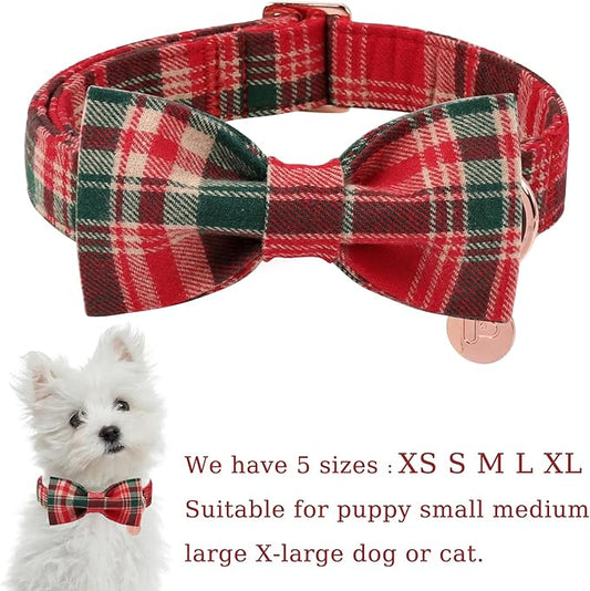 Christmas Plaid Dog Collar with Bow Tie– Adjustable Red & Green Checkered Dog Collar for Small Medium Large Dogs, Soft Xmas Plaid Puppy Collars with Quick Release Buckle L