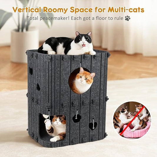 Cat House for Indoor Cats - 2-Story Enclosed Cat Bed Cave for Multiple & Large Cats, Felt Covered Pet Hideaway Tunnel Condo House, Kitty Hut Hideout Cube, Scratch Resistant, Gray