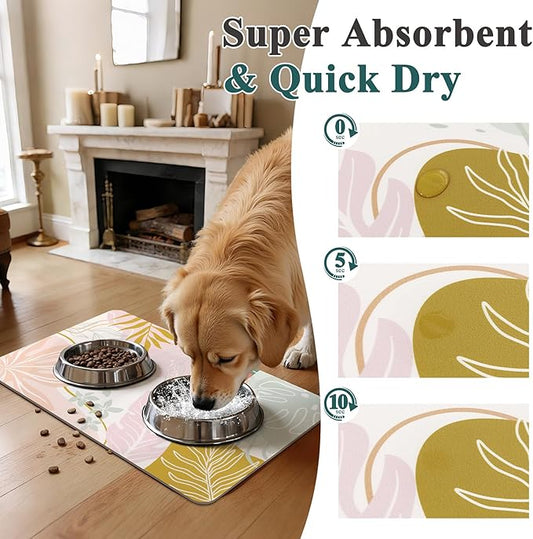 Topotdor Boho Dog Food Mat - Absorbent Quick-Dry Cat Bowl Mat for Food and Water, Non-Slip Pet Feeding Placemat for Messy Drinkers Dog Accessories Pet Supplies, 12"x20", Pink