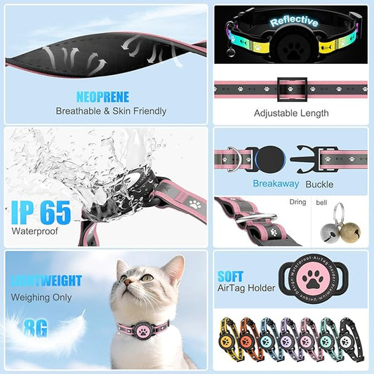 Airtag Cat Collar Breakaway, Reflective Cat Collar with AirTag Holder and Bell, Compatible with Apple Air Tag, Comfortable Padding, Adjustable, Durable (Pink, S)