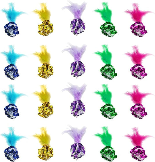 SunGrow Mylar Crinkle Balls with Feathers, 2.5-Inches, Shiny Stress Buster Crinkler, Suitable for Multiple Cats' Engagement, Ideal for Kittens and Grown-ups, 20-Pcs