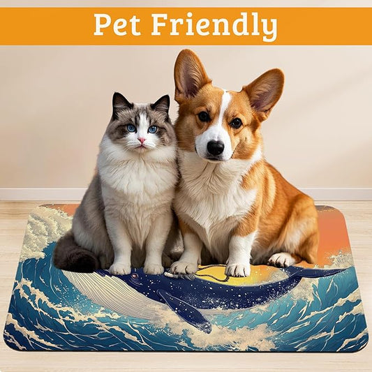 Dog Bowl Mat,Cat Shark Pet Feeding Mat for Floors Waterproof,Ocean Wave Absorbent Dogs Placemat for Food and Water Quick Dry Pet Cat Feeding Mats with Non Slip Bottom 12" x 20"