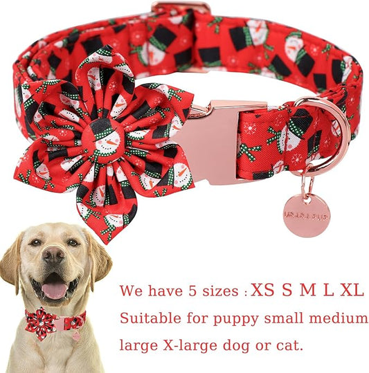 Christmas Dog Collar with Flower, Christmas Flower Collar for Puppy Girl Boy Dog or Cat, Comfortable Dog Collar Flower with Durable Metal Buckle, Cute Pet Collar, M