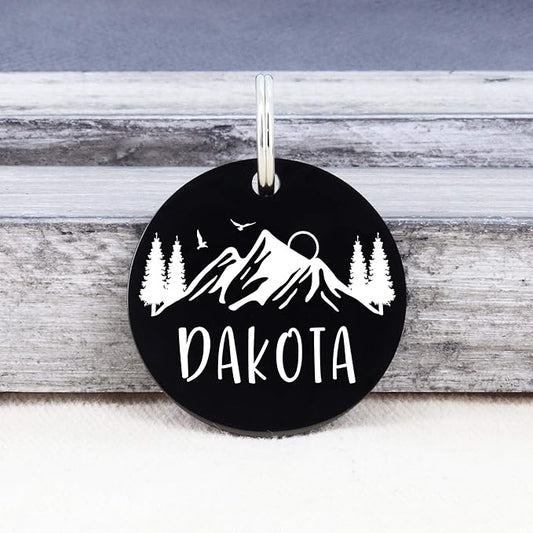 Ultra Joys Stainless Steel Pet ID Tag Dog Name Tags Personalized Front & Back Engraving, Customized Dog Tags and Cat Tags, Optional Engraved on Both Sides, Round Tag with Mountain on Top Design, Large