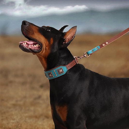 PET ARTIST Upgrade Padded Leather Dog Collar, 2 inch Wide Genuine Leather Dog Collars with Strong Studded Rivet & Metal Buckle, Adjustable Large Dog Collar for Pit Bull Doberman,Green,Neck 19-22"