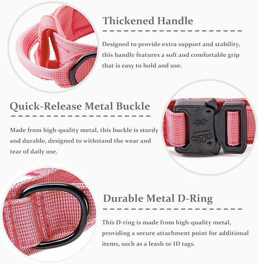 Tactical Dog Collar, Adjustable Military Training Nylon Dog Collar with Control Handle and Heavy Quick-Release Metal Buckle for Small Medium Large Dogs, Light Pink XXL