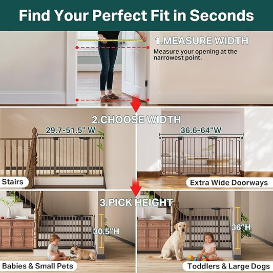Cumbor 29.7"–51.5" Extra Wide Baby Gate for Stairs, Pressure-Mounted Dog Gates for Doorways & Hallways, Auto-Close Walk-Through, No-Trip Design, Child Proof Safety, Dog/Pet Gate for Indoor Use, Brown