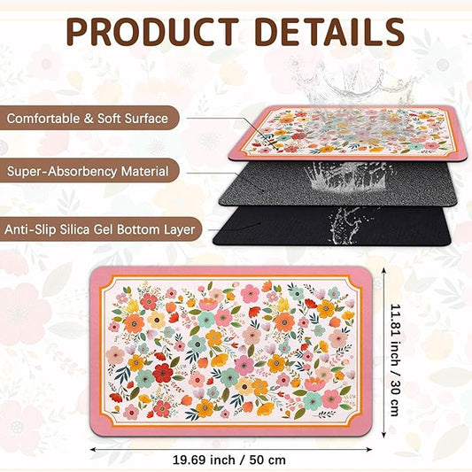 Dog Food Mat for Bowls, Absorbent Quick Dry Dog Cat Mats for Food and Water, Non-Slip Backing Pet Mat Pet Supplies - Pink Floral Pattern