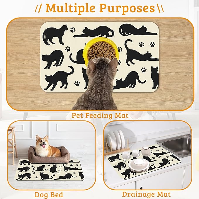 Pet Feeding Mat,Cat Silhouette Absorbent Dog Cat Food Mat Dog Mat with Rubber Backing,Non-Slip Water Bowl Placemat,Pet Supplies 16" x 24"