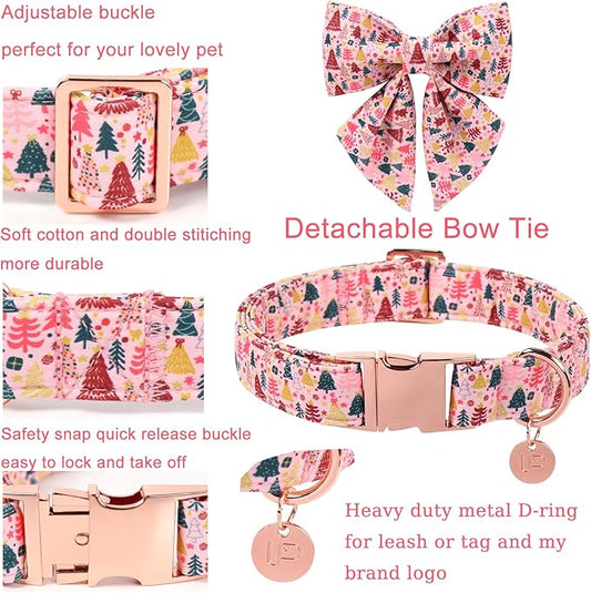 Christmas Dog Collar with Bow Tie, Pink Christmas Tree Collars for Dogs, Adjustable Pet Collar with Cute Xmas Tree Pendant, Winter Dog Accessories for Small Medium Large Dogs XS