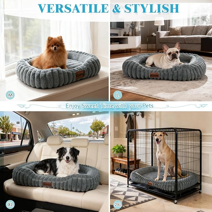Cute Washable Dog Bed for Small Dogs -Soft Plush Calming Puppy & Cat Bed with Anti-Slip Bottom, Rectangle Anti-Anxiety Puppy Kennel Bed with Handle, 25" x 21" x 4",Grey
