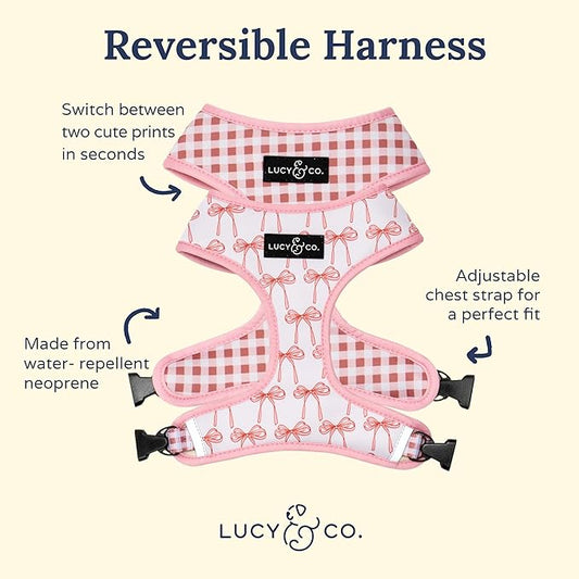 Lucy & Co. Cute Reversible Dog Harness Walking Halter - Best Designer Pet Harnesses for XS - XL Dogs - Padded Adjustable Vest for Easy Walking (X-Small, Ballet Bows - White & Pink Bows)