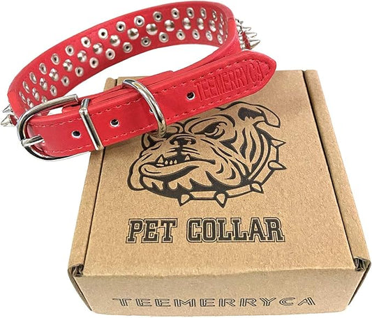 TEEMERRYCA Adjustable Microfiber Leather Spiked Studded Dog Collars with a Squeak Ball Gift for Small Medium Large Pets Like Cats/Pit Bull/Bulldog/Pugs/Husky, Red, M(12"-15")