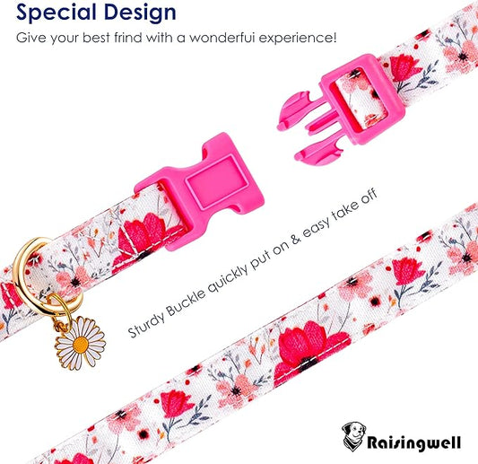 Cotton Dog Collar Light Pink Flower Pattern for Boys and Girls Cute Dog Collars Summer Fall Gift Adjustable for Small to Medium Breed Dogs (S)