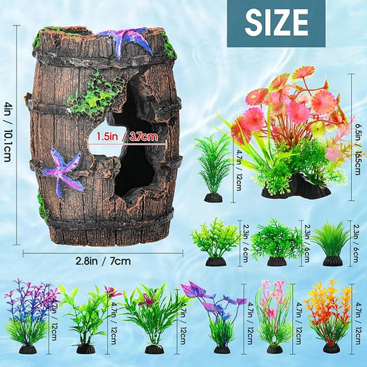 CousDUoBe Fish Broken Barrel Decor Fish Tank Decorations Betta Fish Tank Accessories,Starfish Barrel x 1pc, Aquarium Plants x 11pcs