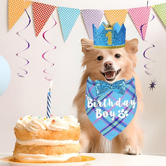 Dog Birthday Party Supplies, Multi Sizes Dog Birthday Hat Crown with Numbers Bandana Boy Bow Tie for Small Dogs Pets (Light Blue, Small)