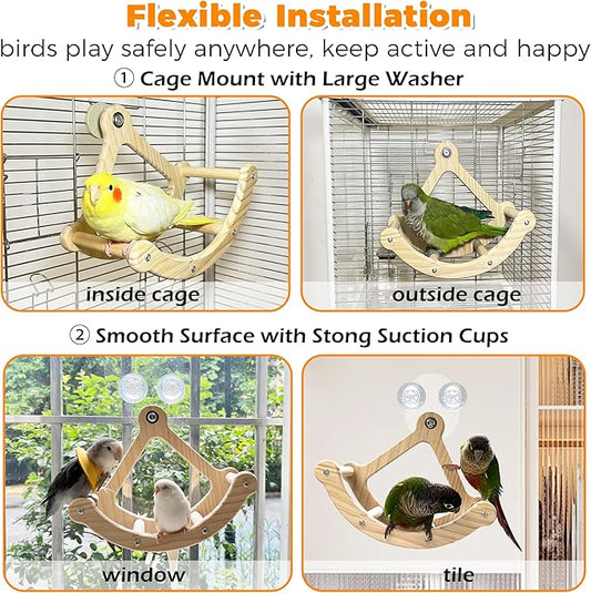 Rocking Bird Toys Perch for Window and Cage, Bird Perch for Wall Suction Mount, Wooden Parrot Toys for Medium Birds, Enrichment Cockatiel Toy Fun and Accessoriess for Budgie, Lovebird, Conure