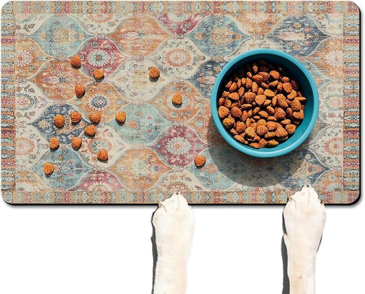 Moroccan Trellis Dog Food & Water Mat, Mexican Talavera Boho Colorful Pet Feeding Mat for Floor Non-Slip Waterproof, Super Absorbent Cat Bowl Mat, Easy to Clean Durable Pet Placemat,17" × 30"