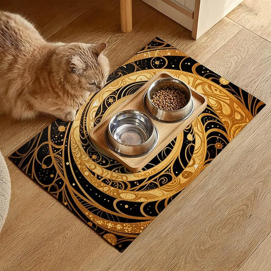Cat Feedings Mats 20x12 inch Golden Cat Print Pet Bowl Placemat Non Slip Mat for Cats Food and Water Indoor Kitty Feeding Station Elegant Cats Meal Mat for Small Pets Kitchen Floor Use