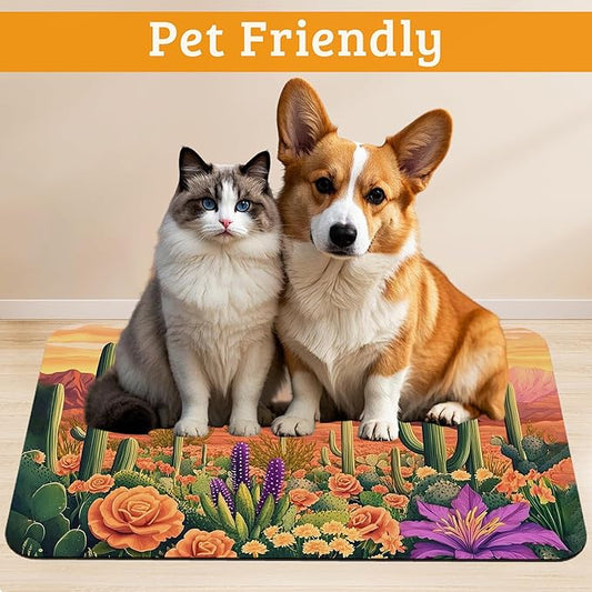 Pet Feeding Mat,Cactus Absorbent Dog Cat Food Mat Desert Dog Mat with Rubber Backing,Non-Slip Water Bowl Placemat,Pet Supplies 16" x 24"
