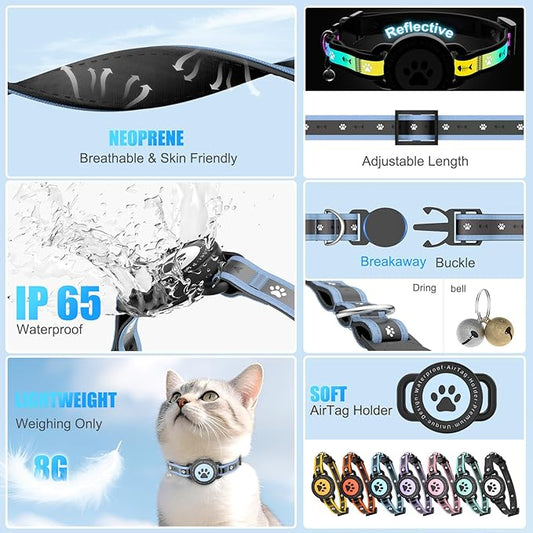 Airtag Cat Collar Breakaway, Reflective Cat Collar with AirTag Holder and Bell, Compatible with Apple Air Tag, Comfortable Padding, Adjustable, Durable (Blue, S)