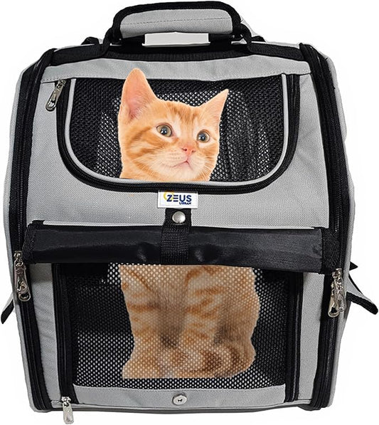 Expandable Pet Backpack Carrier – Dog & Cat, Bonus 2 Collapsible Pet Bowls, Travel Bag with 4-Way Entry, Mesh Windows, Storage Pockets, Secure Zippers, Washable Cushion
