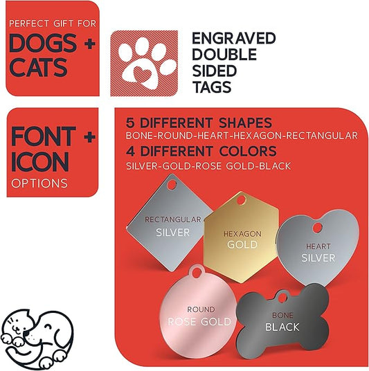 Engraved Pet ID Tags for Cats, Dogs - 4 Color & 5 Shape Options, Personalized w/ 20 Icons, Name, Address, Phone Number - Accessories for Four Legged Friends, Stainless Steel #Round - Silver