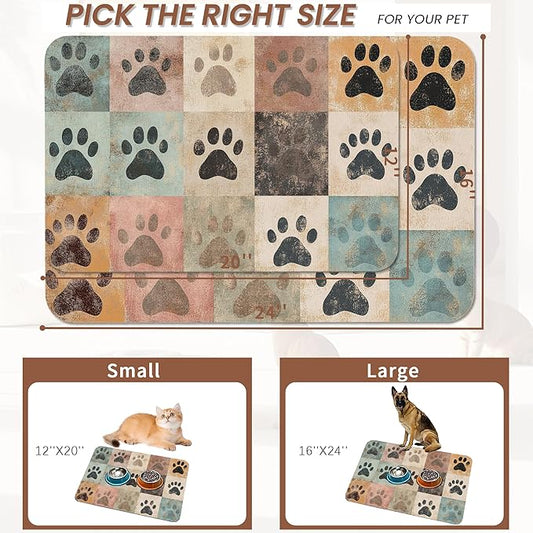 Cute Cat Paw Print Dog Food Mat for Floors,Vintage Absorbent Pet Food and Water Bowl Mats,Non-Slip Pet Feeding Mat,Pet Supplies 16" x 24"
