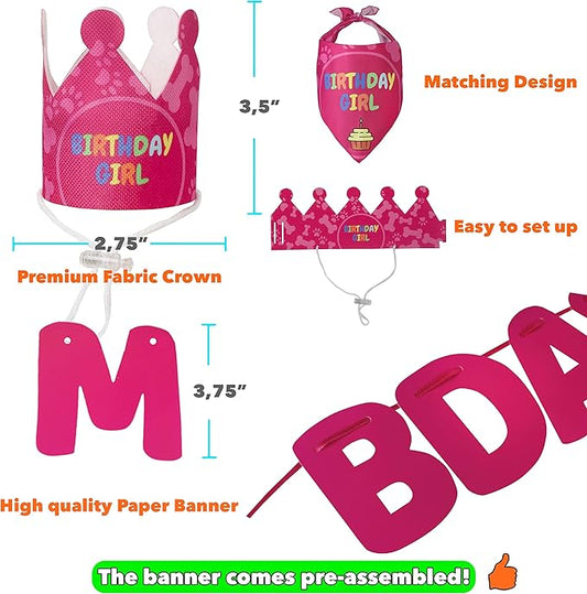 Dog Birthday Party Supplies - Bday Decoration Set - Birthday Girl Bandana for Medium, Large Dogs, Party Hat, Crown and Cute Banner with It's My Birthday Mother Puppers Sign