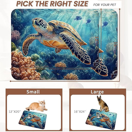Turtle Dog Cat Food Mat,Coral Fish Absorbent Pet Feeding Mat for Food and Water,Non-Slip Dog Bowl Mats Floor Protector 16"x24"