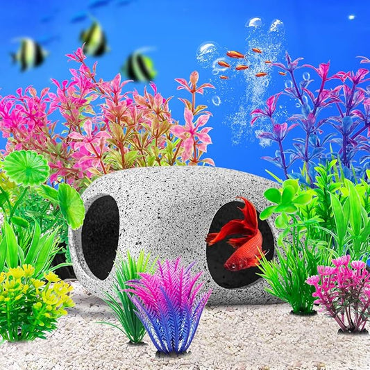 CousDUoBe 13Pcs Aquarium Hideaway Rock Cave Fish Tank Decorations quarium,Betta Toys Hideout Stones House,Safe and Non-Toxic Ceramic Fish Tank Ornaments(Style B)