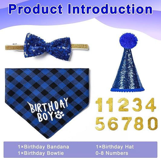 Dog Birthday Party Supplies, Dog Birthday Decorations with Bandanas/Hat/Bow Tie/Collar with 0-8 Numbers, for Large X-Large Cat Dogs Pets (X-Large, Blue)