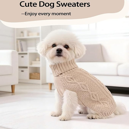 Dog Sweaters Small Dog Clothes Winter Turtleneck Puppy Sweater Warm Pet Cat Sweater Doggy Pullover Outfit with Twisted Design XS~XL (Beige, X-Large)