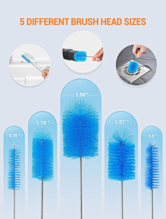 66" Flexible Drain Brush Tool with Large Brush Head and Double Elastic Nylon Ends, Stainless Steel Long Tube Cleaning Brushes for Kitchen, Sink, Drain Pipe and Long Pipe Cleaning