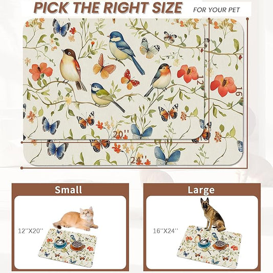 Butterfly Bird Dog Food Mat for Floors,Vintage Nature Absorbent Pet Food and Water Bowl Mats,Non-Slip Pet Feeding Mat,Pet Supplies 16" x 24"
