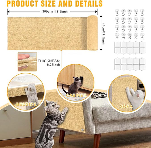 Cat Scratch Mat,118.5"x17.4" Trimmable Self-Adhesive Cat Scratch Furniture Protector, Sticky Cats Scratcher Wall Mat, Covering Cat’s Tower, Couch Protector from Cats Claws (Beige)