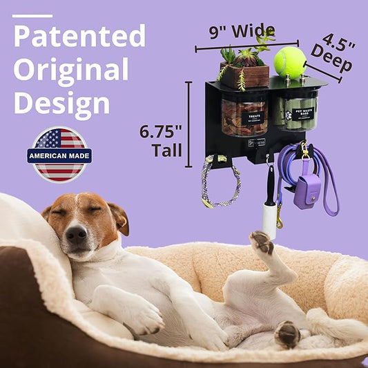 Dog Treat Holder for Wall Storage for Pets, Premium Pet Wall Organizer, Includes Two 16oz Airtight Dog Treat Jars, 3 Sets of Triple Hooks, Sturdy Shelf in Modern Black