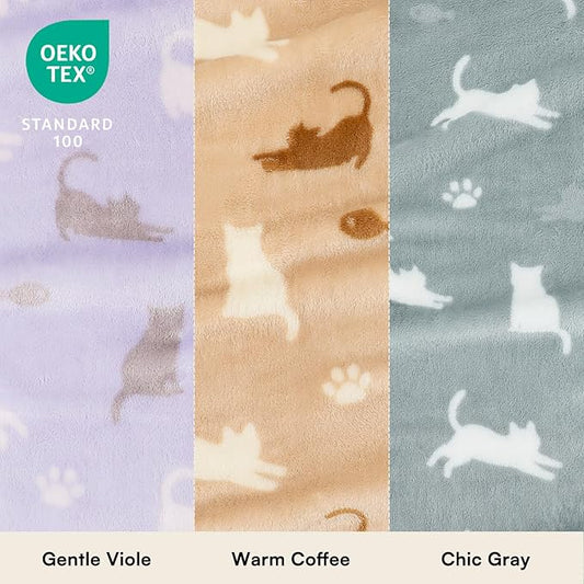Luciphia 1 Pack 3 Cat Printed Fleece Pet Blankets Washable,Soft Warm Throw Covers for Crate Couch Bed,Cozy Puppy Essentials for Dogs and Cats,Purple/Grey/Khaki, Medium (30x20)