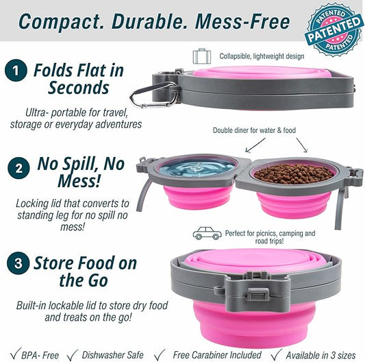 Loving Pets Bella Roma Double Diner Collapsible Dog Bowls - Silicone Dog Bowls, Foldable Bowl, Puppy Essentials & Hiking Pet Supplies Great for Home & Travel (Pink, Small)
