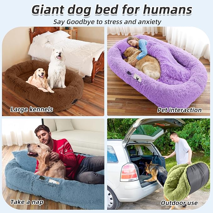 Human Dog Bed, 71''x45''x12'' Size Fits You and Pets, Washable Faux Fur Pet Bed for People Doze Off, Napping Orthopedic Dog Bed, Present Plump Pillow, Blanket, Strap - Black