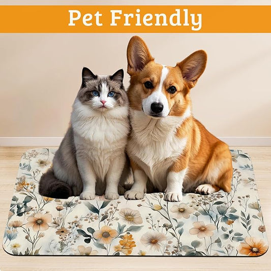 Vintage Flowers Dog Cat Food Mat,Herbs Absorbent Waterproof Placemat for Food and Water Non Slip Rubber Backing Durable Feeding Pad for Clean Floors 12" x 20"