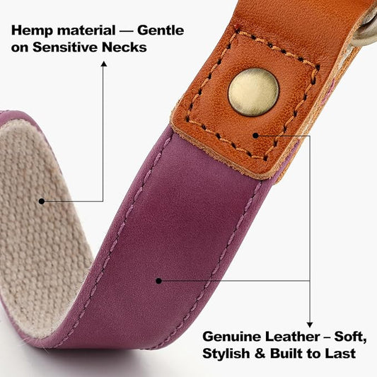 Plutus Pet Genuine Leather & Hemp Dog Collar – Adjustable Heavy Duty Pet Collar with Quick Release Metal Buckle, Soft & Stylish for Puppy and Small, Medium, Large Dogs (Purple, M)