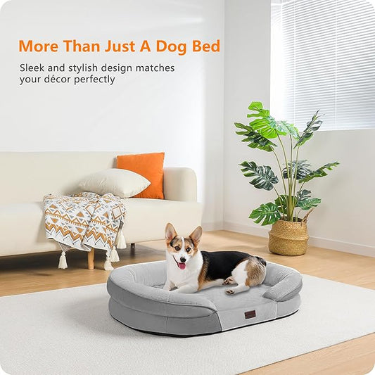 Dwanton Orthopedic Dog Bed for Medium Dogs with Gel Memory Foam, Waterproof Dog Sofa, Washable Pet Bed with Four Sided Bolster Cushion, Removable Cover & Non-Slip Bottom, 35", Light Gray