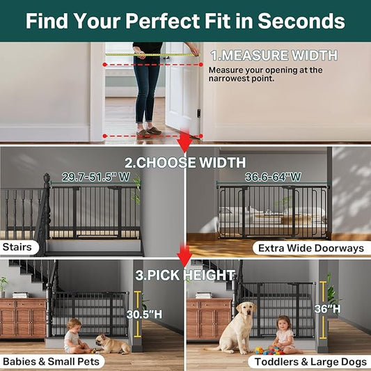 Cumbor 29.7"–51.5" Extra Wide Baby Gate for Stairs, Pressure-Mounted Dog Gates for Doorways & Hallways, Auto-Close Walk-Through, No-Trip Design, Child Proof Safety, Dog/Pet Gate for Indoor Use, Black
