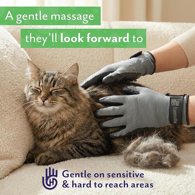Handson Pet Grooming Gloves - Patented #1 Ranked, Award Winning Shedding, Bathing, Hair Remover Gloves - Gentle Brush for Cats, Dogs, and Horses (Purple, Large)