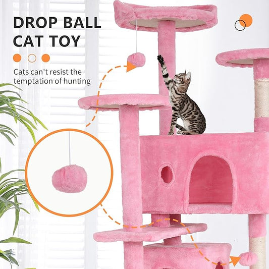 70 Inch Pink Cat Tree, Tall Cat Tower with 2 Condos, 3 Scratching Posts, Multi-Level Platforms - Sturdy Climbing Structure Tall Cat Tower for Indoor Cats