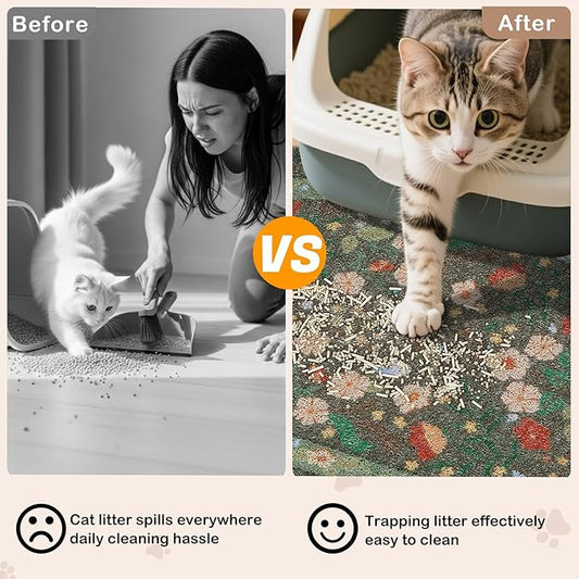 Bienbee Cat Litter Mat, 33" x 22" Large Size Litter Box Mat Rug with Non-Slip Bottom,Urine and Water Proof, Easy to Clean Cat Supplies Essentials for Indoor Kitty Kitten Floor,Green Flowers L