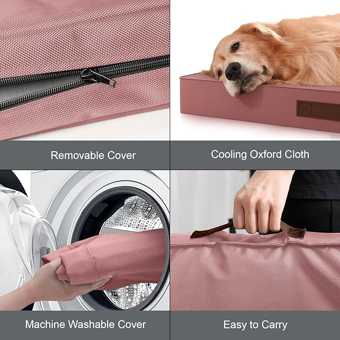 Outdoor Large Washable Dog Bed, Orthopedic Egg Crate Foam Dog Crate Mat for Large Dogs with Removable Oxford Cooling Cover, Pink
