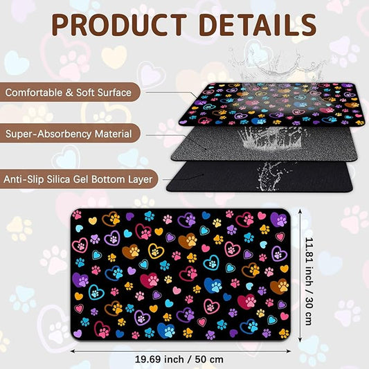 Dog Food Mat for Bowls, Absorbent Quick Dry Dog Cat Mats for Food and Water, Non-Slip Backing Pet Mat Pet Supplies - Paw Pattern