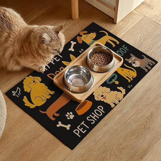 Cute Happy Dog Pattern Design Pet Food Mat 20" x 12" Fun Easy Clean Pet Feeding Mat Absorbent Cat Bowl Mat Non Slip Dog Foods Mats Pets Placemat for Dogs and Cat Feeding